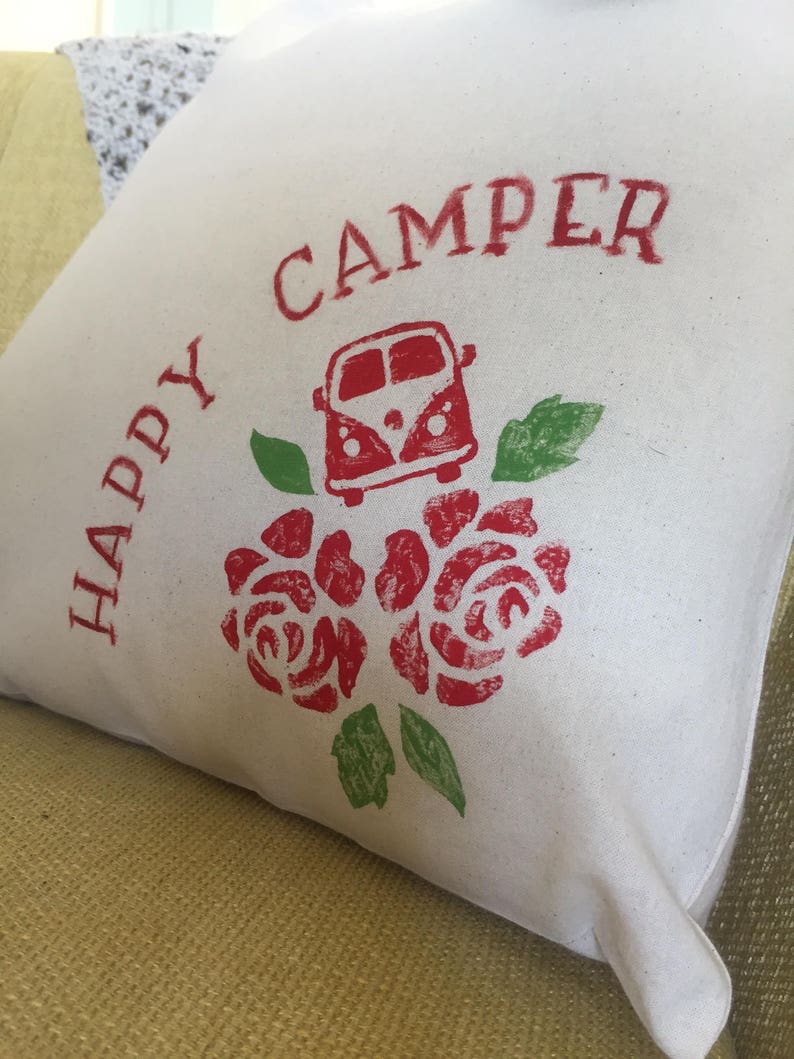 Hand Printed cotton Tote Bag with the Lino Print Happy Camper/' design. Valentines gift Mothers Day Gift