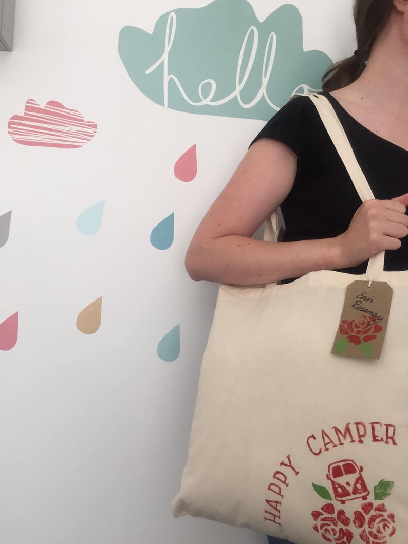 Hand Printed cotton Tote Bag with the Lino Print Happy Camper/' design. Valentines gift Mothers Day Gift