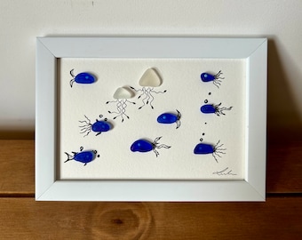 Fish and jellyfish, sea world, framed picture, handmade, sea glass, gift, present for friend