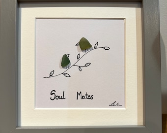 Soul mates framed picture, birds, sea glasses, gift for her/him, perfect present