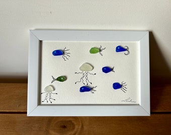 Fish and jellyfish, sea world, framed picture, handmade, sea glass, gift, present for friend
