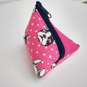 Triangle pyramid zipper pouch for coins earphones chargers etc; no raw edges exposed inside
