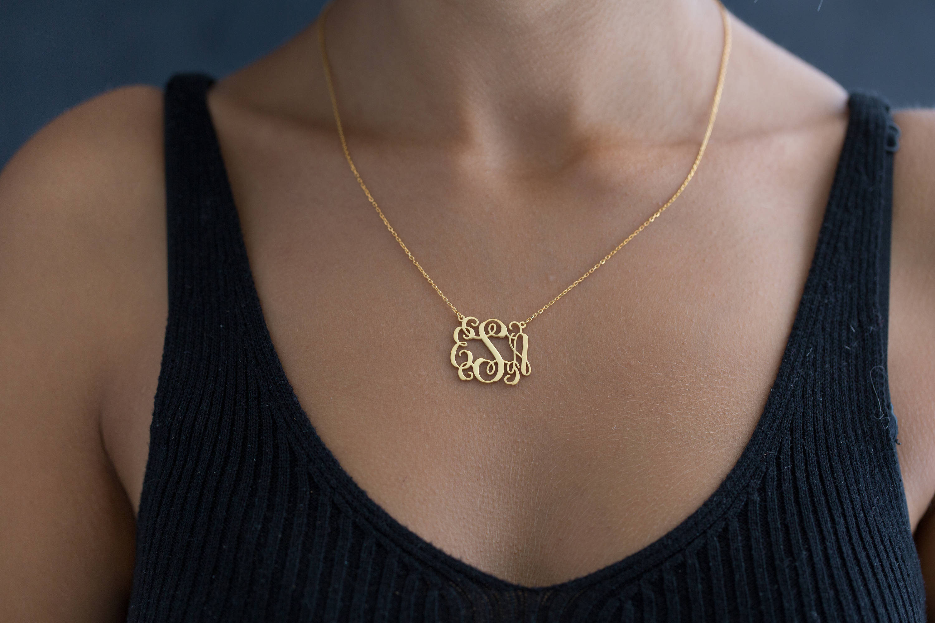 14K Solid Gold Monogram Necklace Personalized Gold Necklace Etsy