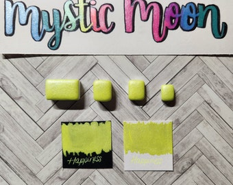 Handmade Pastel Neon Shimmer Watercolor Paint-Happiness-Neon Yellow-Glow in the Dark-Art Supplies-Hand lettering