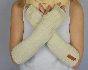 Gebreide alpaca vingerloze wanten Gebreide warme handschoenen Lange handwarmers voor dames Alpaca armwarmers voor damesGebreide wollen armwarmers