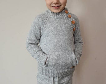 Knitted sweater for kid Warm wool cardigan with pockets Knit alpaca pullover toddler baby girl boy black white pink gray