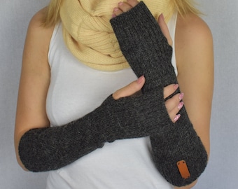 Long hand warmers for women Knitted alpaca fingerless mittens Knitted warm gloves Knitted wool arm warmers Alpaca arm warmers for women
