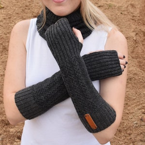 Knitted arm warmers for women Alpaca fingerless long mittens Wool winter gloves warm wrist hand warmers mitts black white blue pink gray