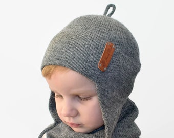 Cappello con paraorecchie grigio lavorato a maglia Casco in alpaca per bambino Cappello di lana con orecchie Berretto lavorato a maglia per bambino cofano ragazzo ragazza bambino neonato bambino nero bianco