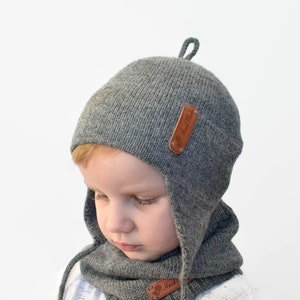 Knitted gray ear flap hat Alpaca helmet for kid Wool hat with ears Knitted beanie for kid bonnet boy girl toddler infant baby black white