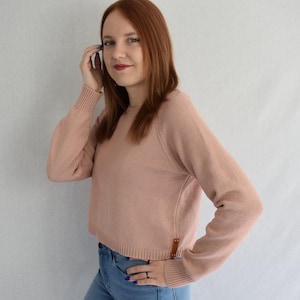 Knitted cotton sweater for women, Organic cropped pullover, Loose fit short jumper