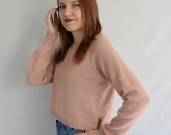 Sweter z dzianiny bawełnianej dla kobiet, Organiczny sweter o skróconym kroju, Luźny krótki sweter