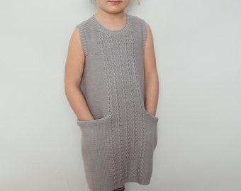 Knitted organic summer dress for kid Cotton knit long vest tunic Dress for girl with pockets Handmade sleeveless dress toddler infant baby