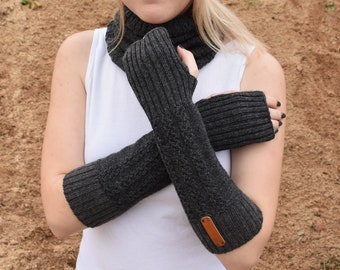 Knitted arm warmers for women Alpaca fingerless long mittens Wool winter gloves warm wrist hand warmers mitts black white blue pink gray