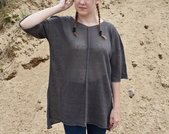 Knitted oversized blouse for women Knitted organic top Summer loose  tunic Linen long top shirt swimsuit cover up light sweater clothes