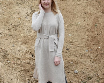 Knitted long women dress Knitted alpaca tunic Long sleeve wool dress with belt and pockets Warm pullover Loose oversized sweater dress beige