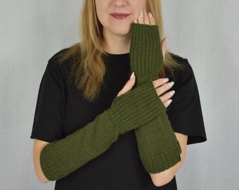 Calentadores de brazos de alpaca de punto para mujer Calentadores de manos largos de lana Manoplas sin dedos Guantes de invierno Calentadores de muñeca cálidos Guantes de alpaca blanco negro