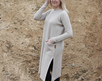 Knitted long sweater Knitted women dress Alpaca sweater Knitted alpaca tunic Knitted wool pullover Long sleeve dress with belt and pockets
