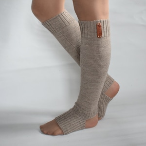 Knitted alpaca leg warmers with heel Knitted wool leg warmers Warm long wool dance socks Socks for women toeless flip flop socks sport yoga