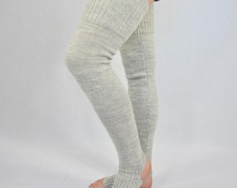 Alpaca long leg warmers for women, Knit toeless wool thigh high socks