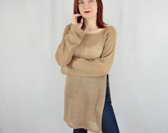 Gestrickte Leinen Tunika für Frauen, Bio Langer Oversized Pullover, Strand Top Bluse