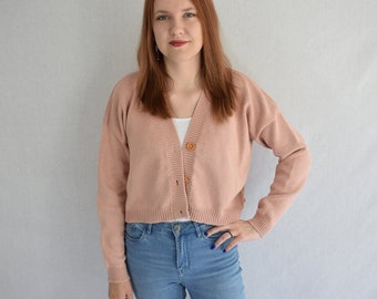 Dzianinowy kardigan organiczny Oversize'owy sweter damski Dzianinowy luźny sweter Dzianinowy krótki sweter bawełniany Kurtka dzianinowa Letni krótki kardigan
