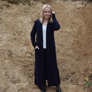 Knitted maxi cardigan for women Warm alpaca sweater coat with pockets Wool kimono cardigan Long hooded cardigan Jacket with hood and belt