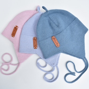 WOOL ALPACA knitted winter earflap hat for kid warm helmet with ears bonnet boy girl toddler infant baby black white pink