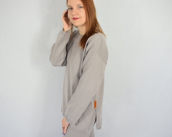 Sweter organiczny dzianinowy dla kobiet Sweter oversize z bawełny Długi sweter dzianinowy Luźny sweter dzianinowy Sweter z dzianiny bawełnianej Sweter bawełniany