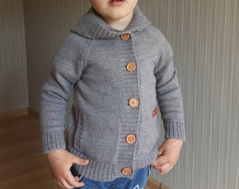 Knitted winter cardigan for kid Warm wool sweater with pockets Knitted alpaca jacket with hood girl boy baby toddler black white pink gray