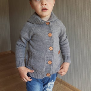 Knitted winter cardigan for kid Warm wool sweater with pockets Knitted alpaca jacket with hood girl boy baby toddler black white pink gray