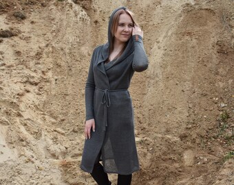 Knitted organic open cardigan for women Linen long oversized sweater with hood Summer coat Plus size kimono cardigan Flax wrap