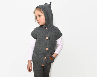 Knitted warm vest for kid Alpaca sleeveless sweater with hood Wool cardigan with pockets Hooded sweater for kid  toddler girl boy infant