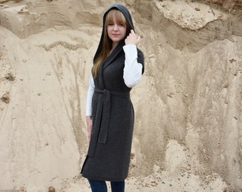 Chaleco largo de punto para mujer Chaqueta oversize sin mangas de alpaca Cintura con capucha Abrigo maxi de lana Chaleco cálido con capucha negro blanco gris rosa