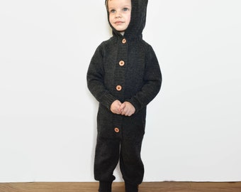 Knitted alpaca romper for kid Warm wool overall jumpsuit with hood and pockets Knitted romper for newborn baby kid toddler boy girl black