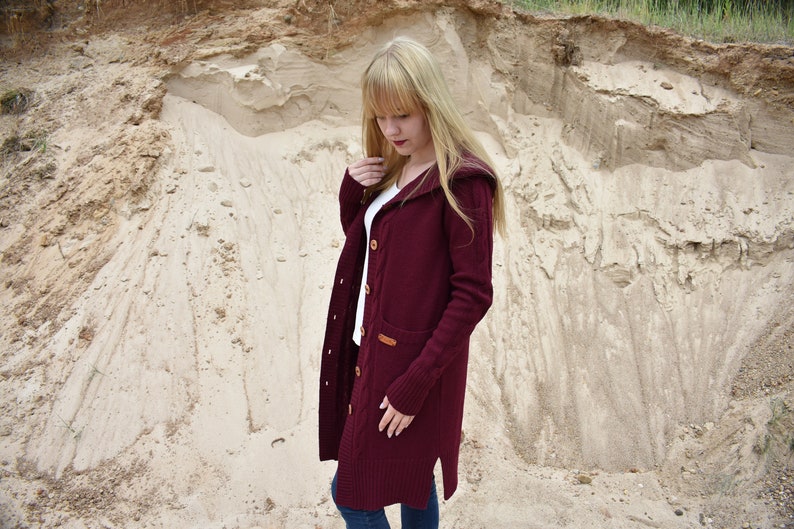 WOOL ALPACA knitted long sweater coat for women warm cardigan with pockets maxi coat jacket with hood jumper black pink blue grey white