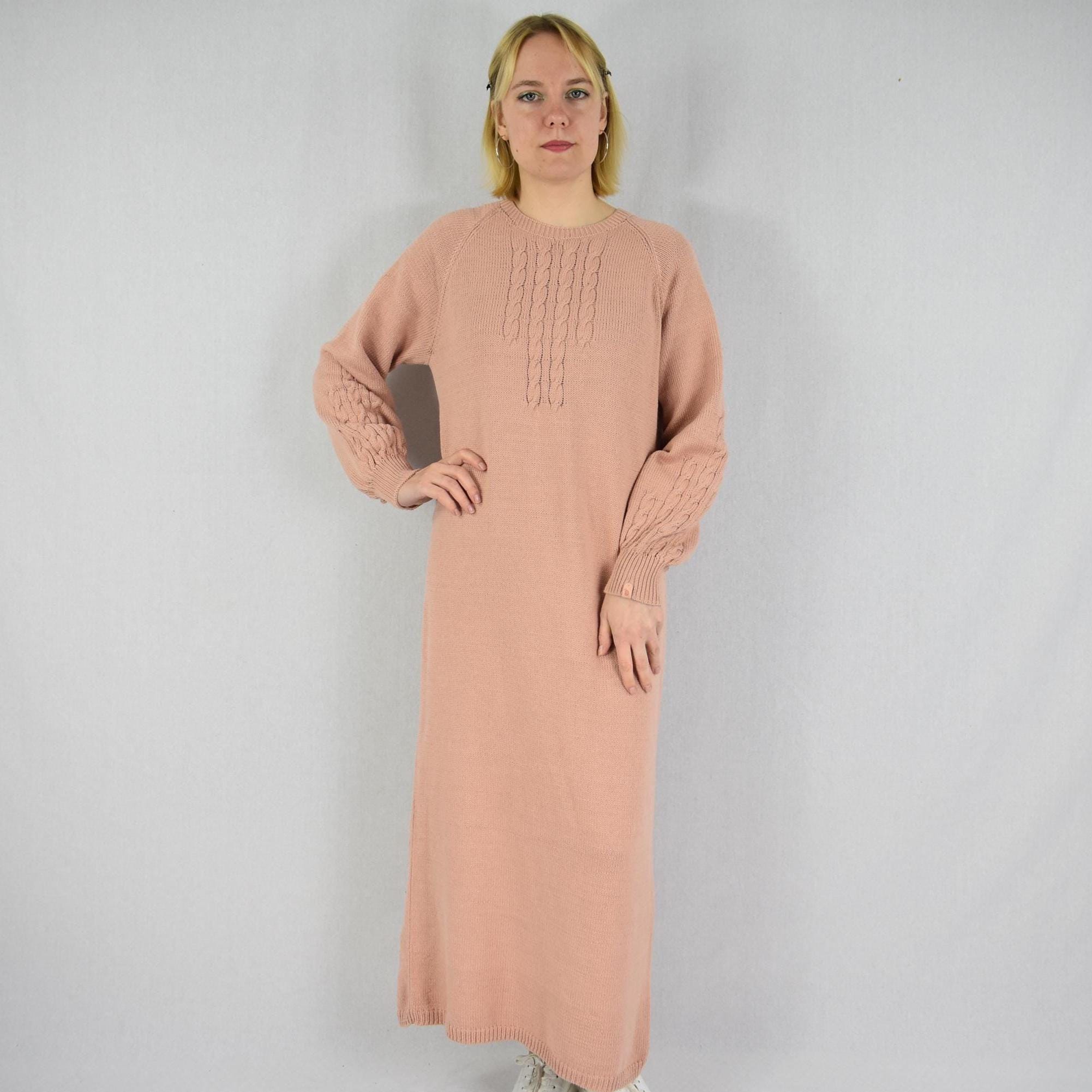 Knitted Cotton Maxi Sweater Dress, Women's Cable Knit Long Sleeve Dress