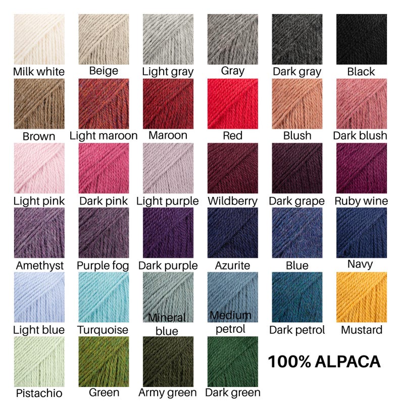 May include: A color chart displaying thirty-five square swatches of yarn in various shades including milk white, beige, gray, black, brown, maroon, red, blush, pink, purple, blue, green, and mustard, with the text 100% ALPACA in the bottom right corner.