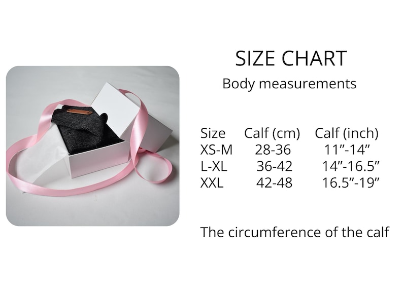 May include: A dark gray garment inside a white gift box wrapped with a pink ribbon, accompanied by a size chart listing calf measurements in centimeters and inches for sizes XS-M (28-36 cm, 11-14 inches), L-XL (36-42 cm, 14-16.5 inches), and XXL (42-48 cm, 16.5-19 inches).