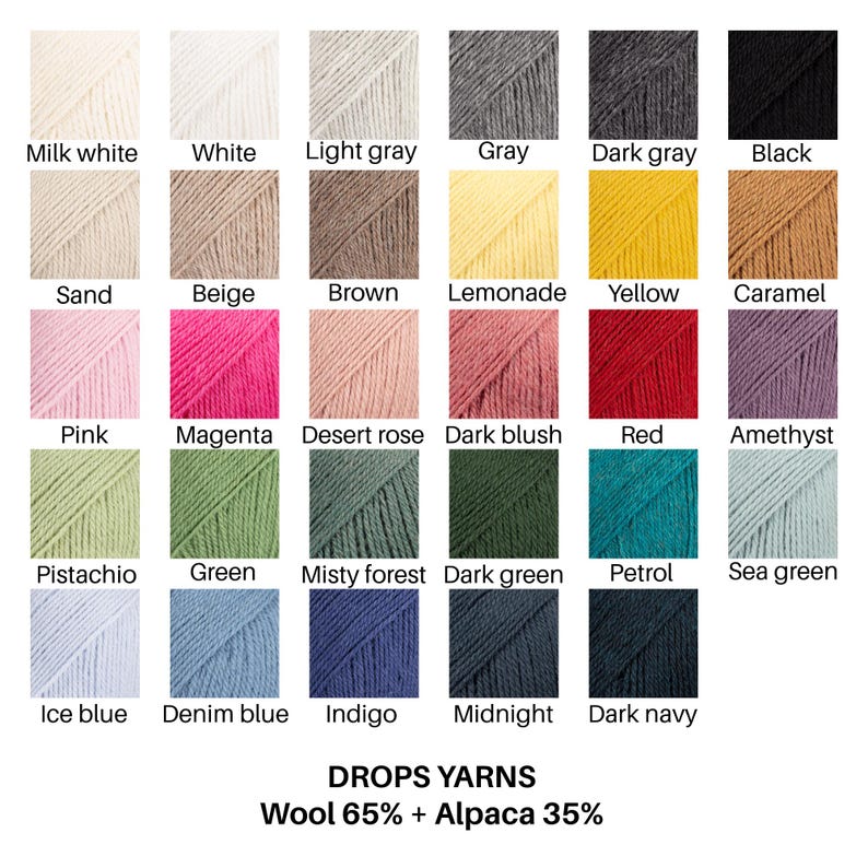 May include: A color chart of Drops yarns composed of 65% wool and 35% alpaca. The grid displays 29 distinct yarn samples labeled with names including Milk white, White, Light gray, Gray, Dark gray, Black, Sand, Beige, Brown, Lemonade, Yellow, Caramel, Pink, Magenta, Desert rose, Dark blush, Red, Amethyst, Pistachio, Green, Misty forest, Dark green, Petrol, Sea green, Ice blue, Denim blue, Indigo, Midnight, and Dark navy.