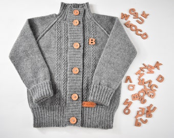 Knitted alpaca sweater for kids, Wool personalized cardigan, Winter jumper