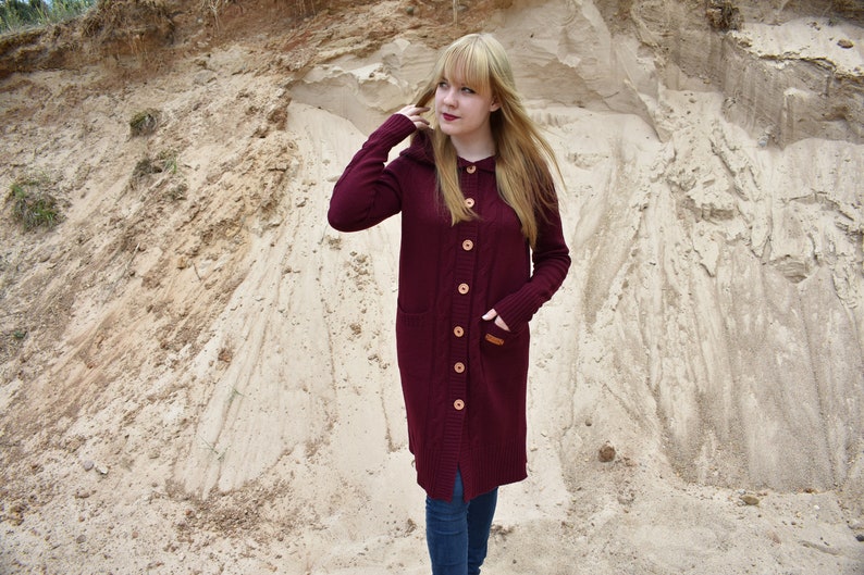 WOOL ALPACA knitted long sweater coat for women warm cardigan with pockets maxi coat jacket with hood jumper black pink blue grey white