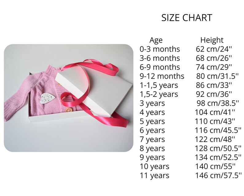 May include: A pink knitted cardigan with buttons in a white gift box with a pink ribbon. A size chart is shown with ages and corresponding heights in inches and centimeters.