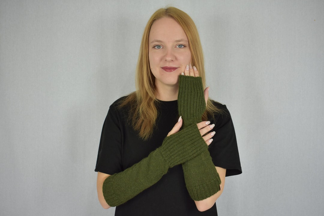 Knitted Alpaca Arm Warmers for Women Wool Long Hand Warmers Fingerless
