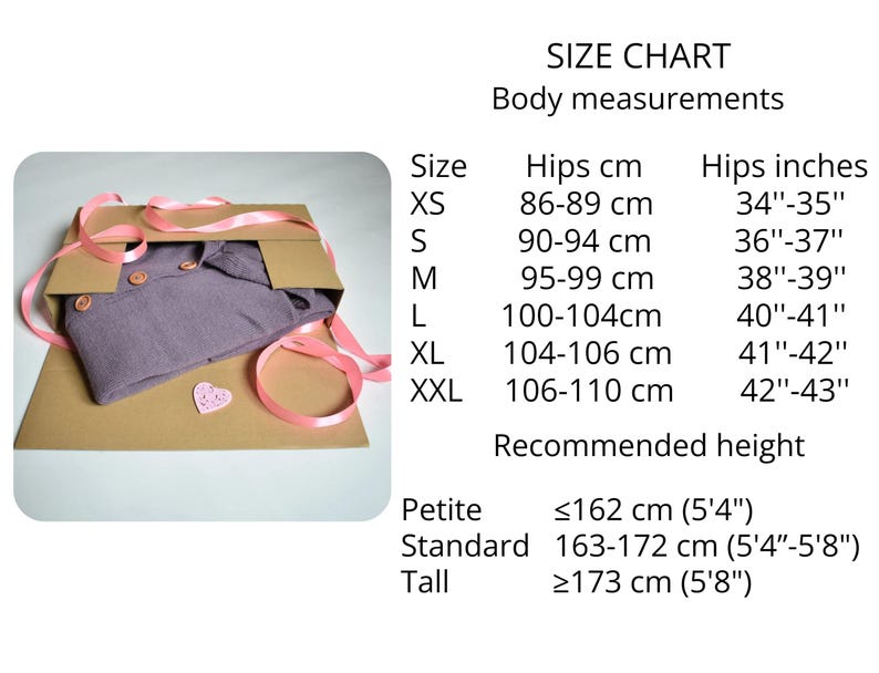 May include: A purple garment with buttons inside a brown cardboard gift box wrapped with pink ribbon and a small heart-shaped decoration. Next to the box is a size chart listing body measurements in centimetres and inches for sizes XS to XXL.