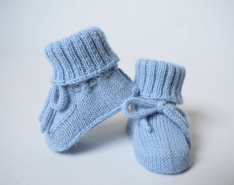 Knitted blue baby booties for newborn Alpaca warm long socks Wool booties Crib shoes for baby newborn Gift for boy girl gray pink blue