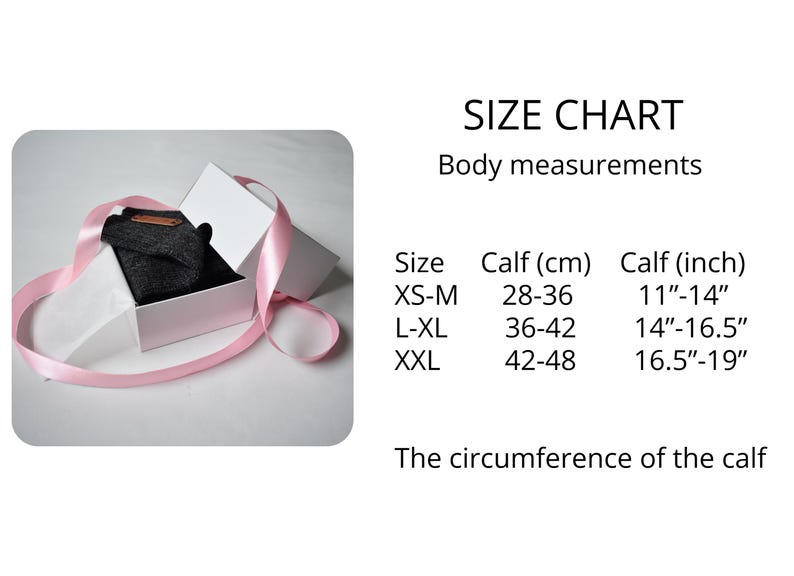 May include: A dark gray garment inside a white gift box wrapped with a pink ribbon, accompanied by a size chart listing calf measurements in centimeters and inches for sizes XS-M (28-36 cm, 11-14 inches), L-XL (36-42 cm, 14-16.5 inches), and XXL (42-48 cm, 16.5-19 inches).