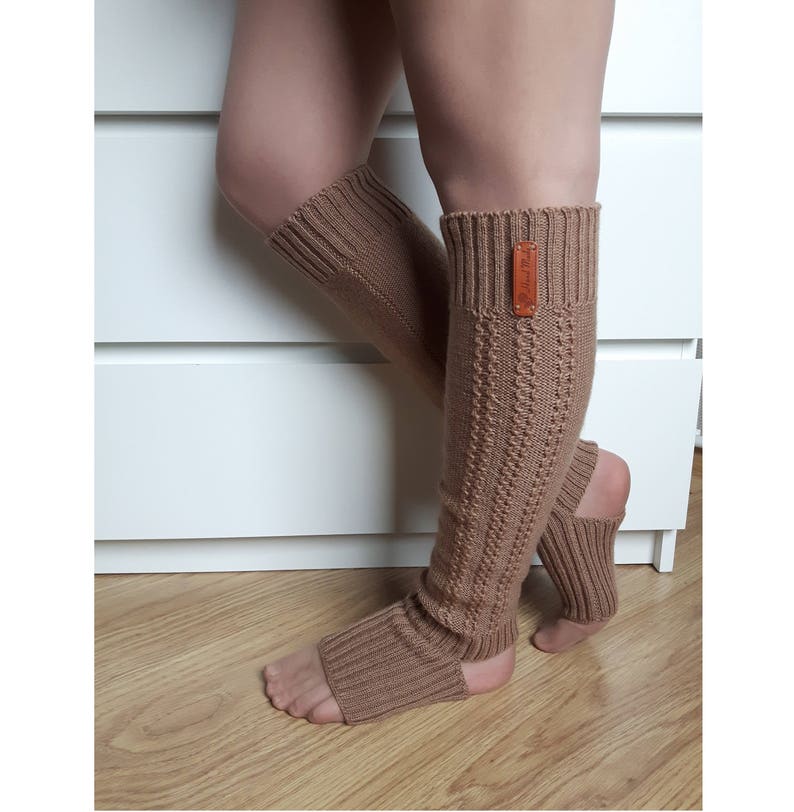 WOOL ALPACA knitted long leg warmers with heel warm dance flip flop socks sport yoga socks boot toppers for women black white gray pink
