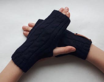 Chauffe-mains courts tricotés pour enfant Gants sans doigts en alpaga Chauffe-bras en laine chaude mitaines mitaines enfant en bas âge noir blanc bleu rose