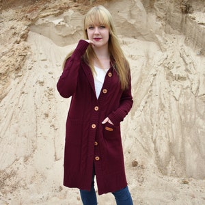 Knitted long sweater coat for women Warm alpaca cardigan with pockets Long maxi coat sweater Cardigan with hood Knit loose sweater